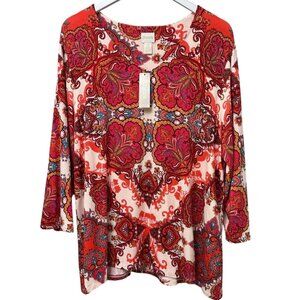 CHICO'S Paisley Tee XL (Chicos 3) Red Orange Rayon Blend Jersey Tunic Top NWT